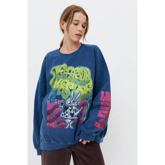 Urban Outfitters Tops - Urban Outfitters Blue Graphic Pullover Sweatshirt with Neon Yellow & Pink Print
